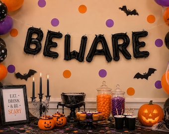 16" Black BEWARE Balloon: Halloween Party Decor