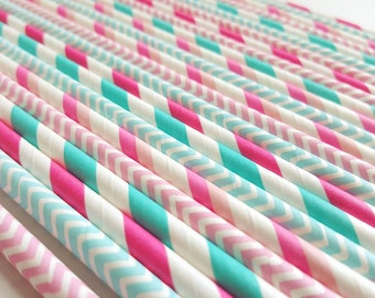 Cotton candy paper straws. Cotton candy party. 50's party. Poodle skirt party. Cotton candy colors. Baby pink and baby blue straws. Baby