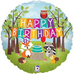 May include: A round, colorful foil balloon with a woodland theme. It features a fox, raccoon, owl, hedgehog, and squirrel with a banner that reads "Happy Birthday".