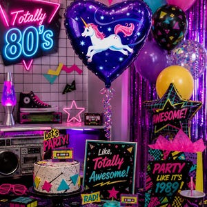 May include: A party display featuring a heart-shaped balloon with a white unicorn, a cake with neon geometric shapes, a sign reading Like, Totally Awesome!, a star-shaped balloon with the word Awesome!, and a gift bag with Party Like It's 1989.