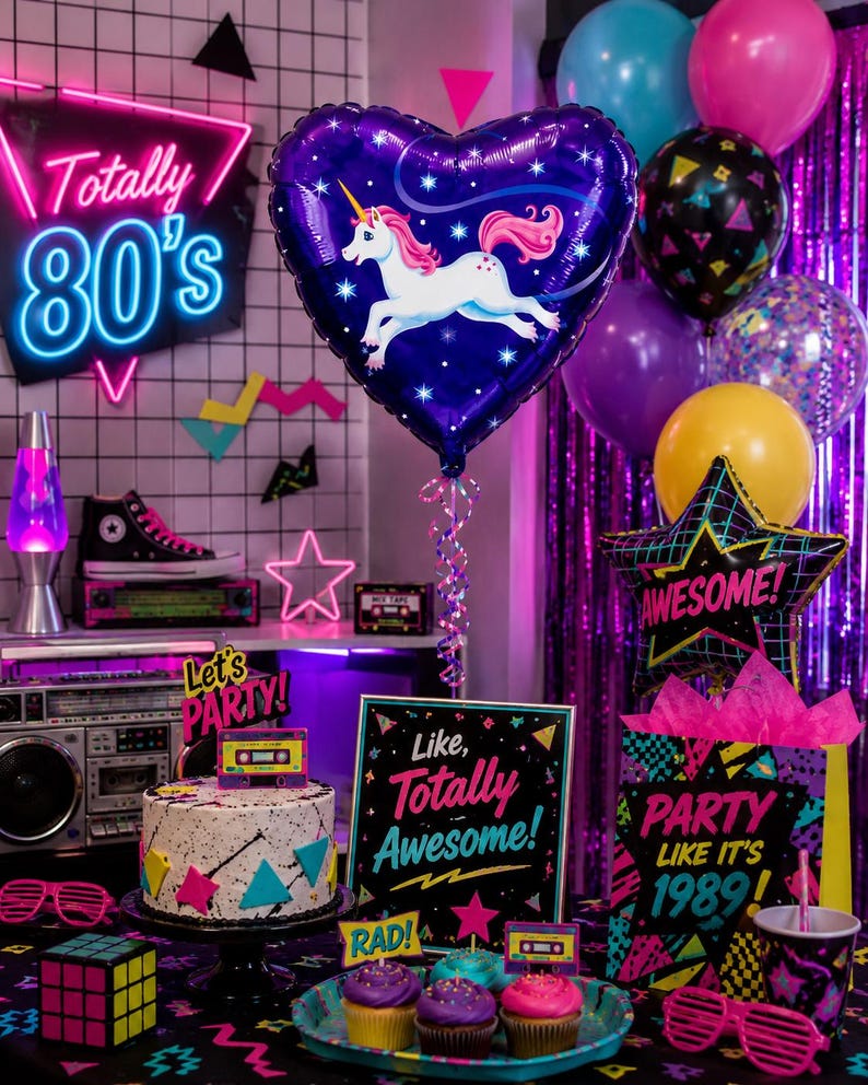 May include: A party display featuring a heart-shaped balloon with a white unicorn, a cake with neon geometric shapes, a sign reading Like, Totally Awesome!, a star-shaped balloon with the word Awesome!, and a gift bag with Party Like It's 1989.