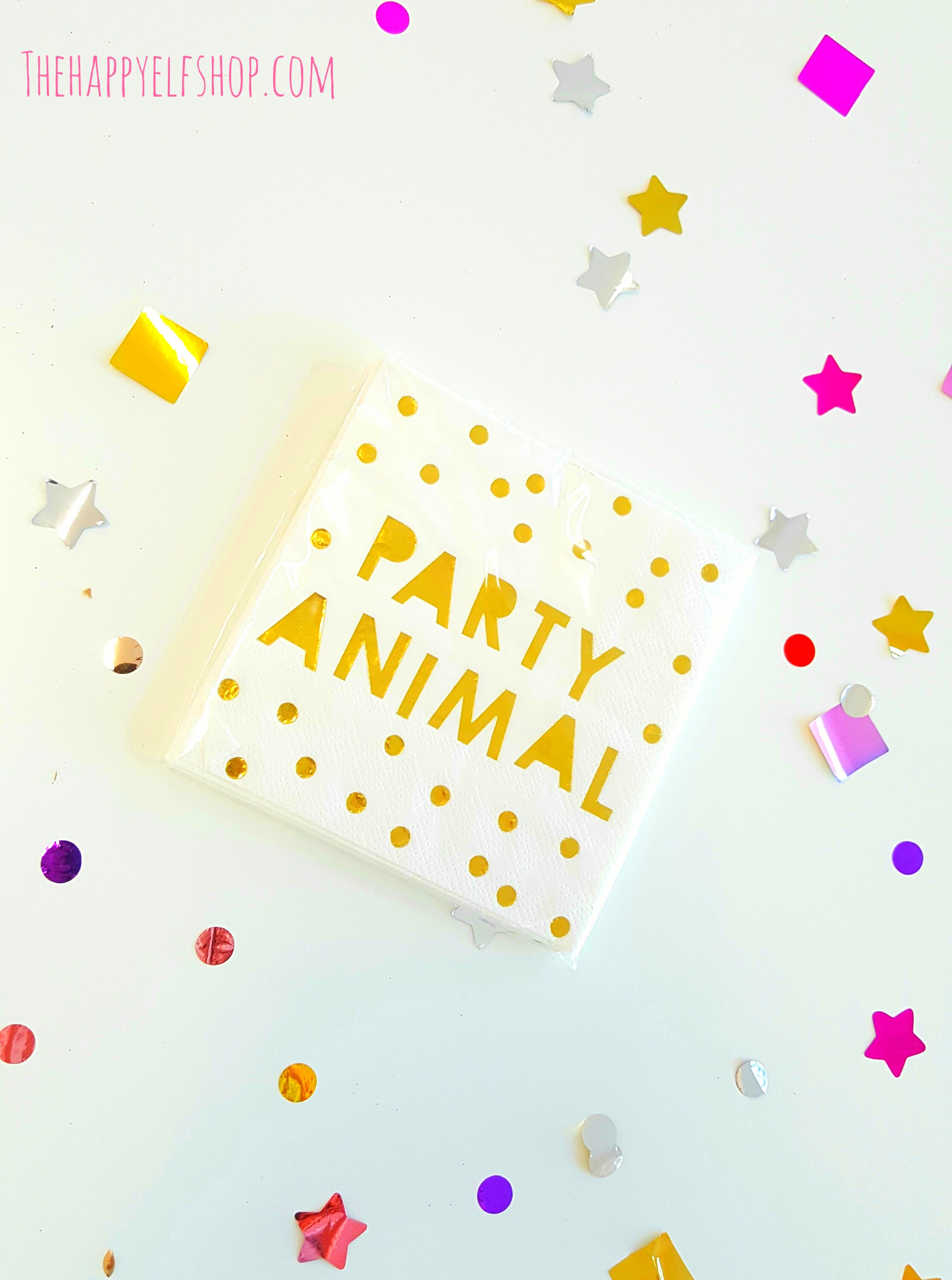 Party Animal small napkins. Birthday cocktail napkins. Celebratory