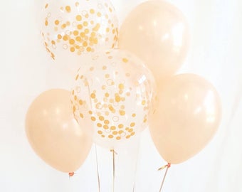 11" Blush and clear gold confetti balloons. Blush and gold. Blush balloons. Gold confetti balloons. Blush and gold balloons. Blush latex