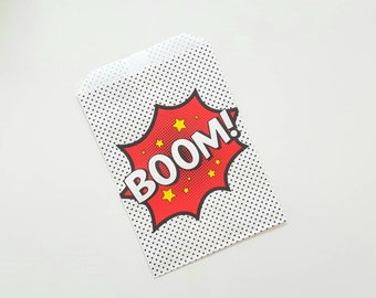 BOOM super hero paper bags. Super hero party supplies. pow party favors. Super hero napkins. paper plates. Boy bday. Guy bday