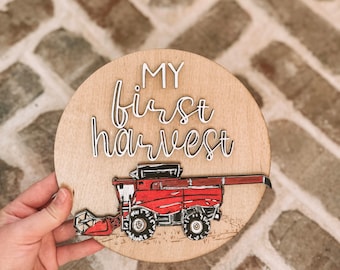 My First Harvest milestone marker, babies first harvest, red combine, soybean harvest, baby milestone