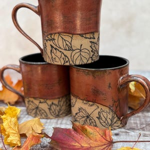 Folk Collection - Wheel-Thrown Ceramic Mug - Falling Leaves with Copper Glaze - Made To Order