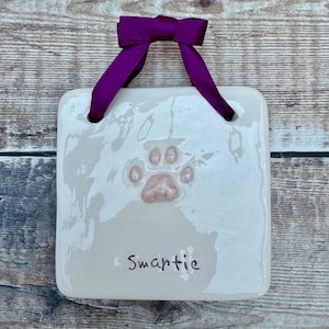 May include: A white ceramic tile with a pink paw print and the name "Smartie" written in black. The tile is hanging from a purple ribbon.