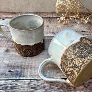 Folk Collection - Wheel-Thrown Ceramic Mug - Black Mandala with Rustic Cream Glaze - Made To Order