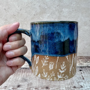Wheel-Thrown Ceramic Mug - White Wildflowers - Stormcloud Glaze