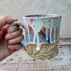 Wheel-Thrown Ceramic Mug - White Wildflowers - Runny Rainbow Glaze