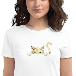 Golden Bronze Mandala Cat | Peekaboo | Women&#39;s soft 100% cotton Gildan T-shirt | The cat is out of the Bag | PSST say hello