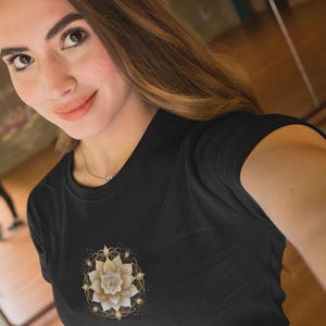 Healing T-shirt - Women&#39;s fitted 100% Gildan cotton | Golden Mandala with White Lotus | Workout gift idea for exercise | Flower Power