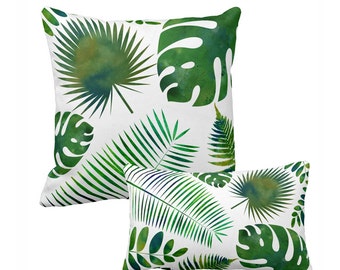 Fern pillow, Leaf pillow, Green pillow, Botanical Pillow, Watercolor Green Home Decor, Boho Pillow, Banana Leaf, Tropical Palms Beach Pillow