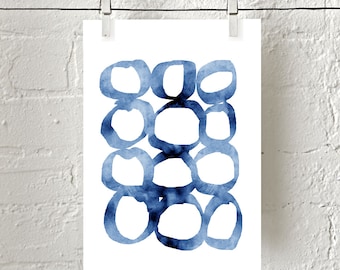 Blue Abstract Watercolor Print Circles Loops Minimalist art Indigo Blue Wall art Navy Minimal Watercolor Large Abstract Art Geometric Print