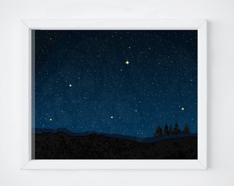 Night Sky Print Constellations Print Poster Moon Galaxy art Starry Sky Navy Blue Wall Art Stars Print Sky Indigo Blue Wall Art Landscape