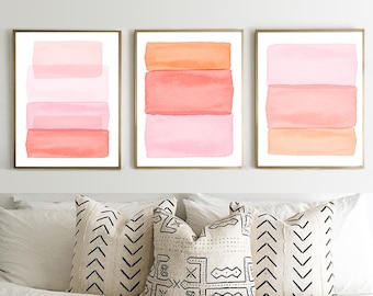 Abstract Wall art, Pink Watercolor Painting Set of 3, Peach Blush Rose Dashes Stripes Minimalist art Minimal Boho Decor Nursery Wall art