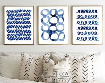 Abstract Painting Blue Watercolor Prints Set of 3 Wall art Circles Looks Dashes Dots Brushstrokes Indigo Blue Navy Modern Minimalist Boho