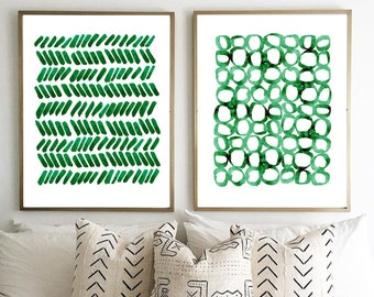 Large Wall Art, Green Abstract Watercolor Prints Set of 2 Dots Dashes Loops Boho Home Decor Minimalist art, Emerald Green, Modern art prints