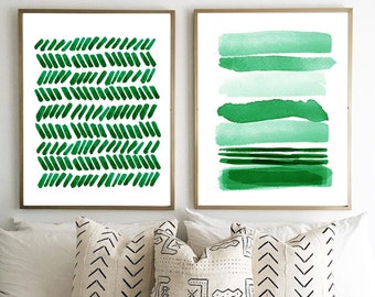 Green Abstract Watercolor Prints Set 2 Dots Stripes Dashes Brushstroke Minimalist art Large Modern art prints Posters Scandi Boho Home Decor