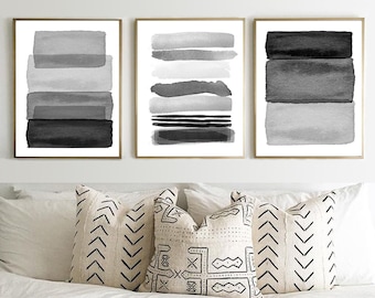 Black White Wall art Set of 3 Prints Watercolor Minimalist Art