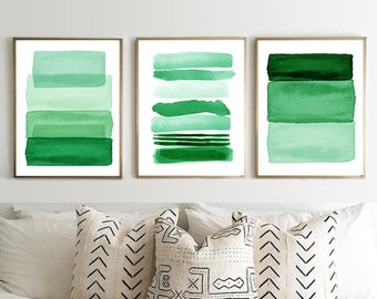 Green Abstract Watercolor Paintings, Set of 3 Prints, Large Wall art, Stripes Art Prints, Minimalist art, Boho Home Decor, Scandinavian art