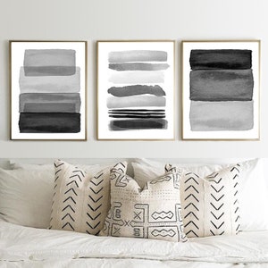 Black White Wall art Set of 3 Prints Watercolor Minimalist Art