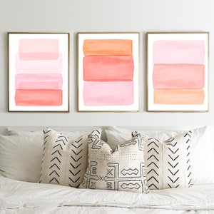 Abstract Wall art, Pink Watercolor Painting Set of 3, Peach Blush Rose Dashes Stripes Minimalist art Minimal Boho Decor Nursery Wall art