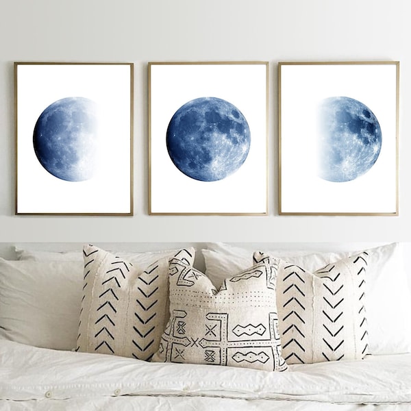 Moon Phases Prints Set of 3 Blue Wall art Indigo Navy Home Decor Lunar Phase Minimalist Posters Boho Wall Decor Scandinavian art Night Sky