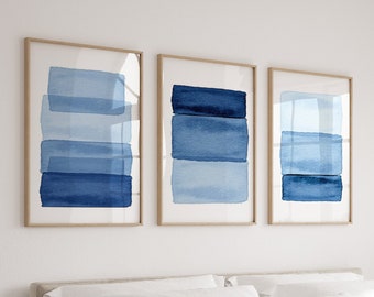 Abstract Watercolor Prints Set of 3 Paintings Blue Wall Art Minimalist Art Modern Wall art Indigo Blue and White Decor Wall art Set