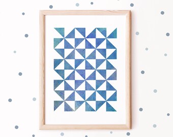 Blue Abstract Art Print Watercolor Painting Geometric Tile Minimalist Art Triangles Modern Art Kids Wall Art