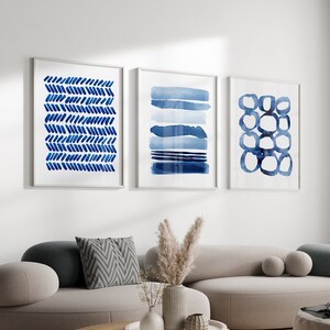 Blue Abstract Wall Art Aquarelle Peintures Ensemble de 3 tirages Blue Wall Art Stripes Loops Dots Prints Set Gallery Wall Art Navy Decor