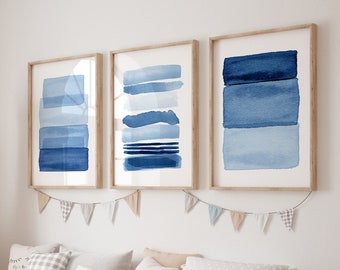 Kids Room Decor Blue Abstract Art Prints Set Watercolor Paintings Minimalist art Nordic Decor Nursery Wall Art Blue Wall Art