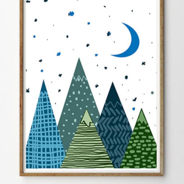 Mountain art, Scandinavian Kids Prints, Triangle print, Blue Green Wall Art, Mid Century Modern art Nursery Decor, Nordic Prints, Moon Print