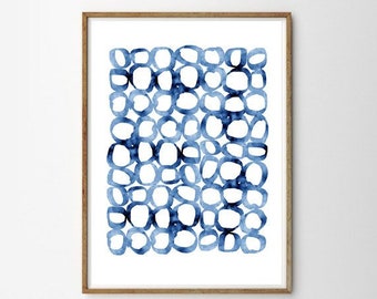 Large Watercolor Print Blue Circles Abstract art Painting Modern Wall art Minimalist Scandi Scandinavian art Large Abstract art Boho Decor