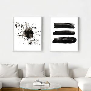 Large Abstract art Monochrome art Abstract Watercolor Prints Set Stripes Splatter Modern art Abstract Wall art Black White Ink Painting Boho