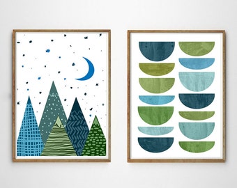 Set of Two Abstract Prints Geometric art Mountains Triangles Textured Print Marble Print Green Blue Scandinavian Kids Nordic Nursery Art Set