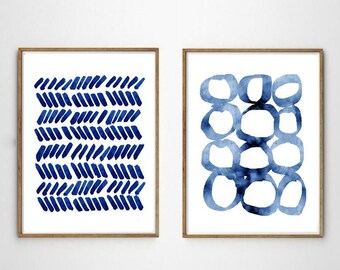 Abstract Watercolor Set of 2 Prints Indigo Blue Wall art Painting Navy Dots Minimalist art Minimal Circles Modern art Contemporary Boho art