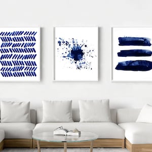 Abstract Watercolor Prints Set Indigo Blue Stripes Splatter Dashes Paint Strokes Dots Minimalist art Large Wall art Navy Large Abstract Art