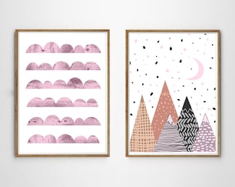 Set of 2 Prints, Pink Gray Wall art, Scandinavian art, Kids Prints, Mountain Triangle Print, Moon, Geometric art, Nursery Art, Mid Century