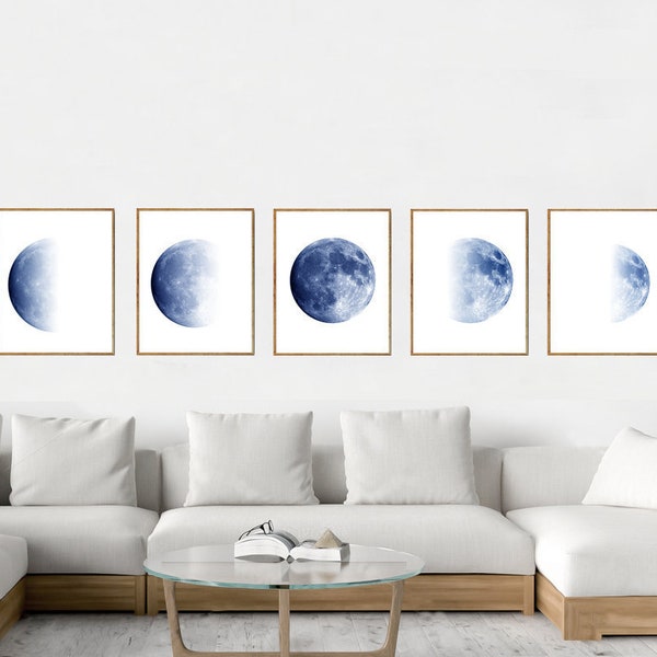 Navy Blue Moon Phases Lunar Prints Set of 5 Coastal Style Prints Boho Home Decor Night Sky Scandinavian Poster Set Indigo Blue Wall art