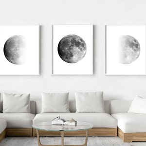 Moon Phases Print Set of 3 Black and White Wall Art Minimalist Poster Scandinavian art Large Lunar Art Prints Triptych Moon Art Night Sky
