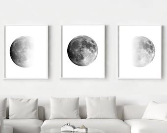 Moon Phases Print Set of 3 Black and White Wall Art Minimalist Poster Scandinavian art Large Lunar Art Prints Triptych Moon Art Night Sky