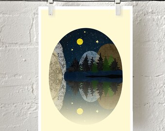 Modern wall print, Starry Night, Fine art print, Abstract art prints, Landscape Mountains Print Night Sky Constellations Print Moon Poster
