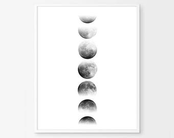 Moon art, Moon Print, Lunar Phases Night Sky Astronomy Poster Black White Wall art Minimalist art Scandinavian art Nursery Print Nordic Kids