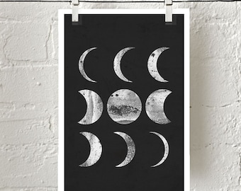 Moon Phase Print, Minimalist Poster, Black White Wall Art, Lunar Phases, Night Sky Print, Abstract Art Minimalist Poster, Kids Prints Nordic