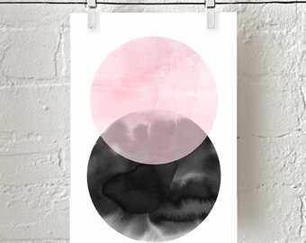 Abstract Watercolor, Minimalist Poster, Circle print, Geometric print, Pink Black Wall art, Abstract Print, Home Decor, Scandinavian prints