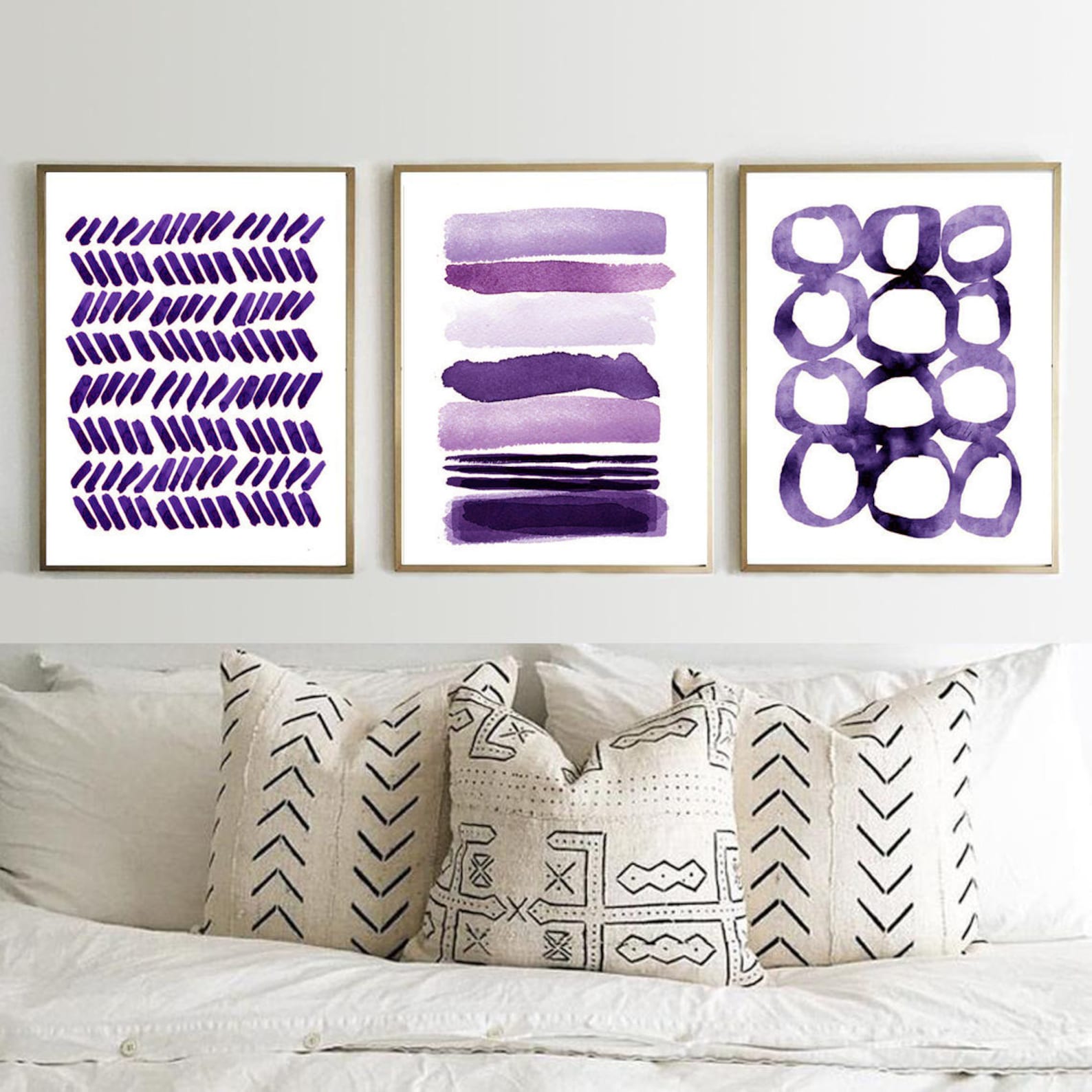 Purple Abstract Wall Art Set of 3 Prints Lilac Minimal Etsy