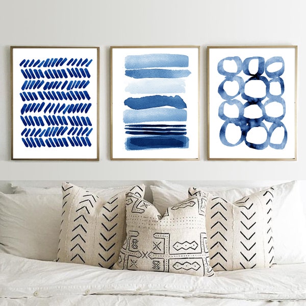 Abstrakte Aquarell Drucke Set Indigo Blau Streifen Kreise Striche Malstriche Punkte Minimalistische Kunst Große Wandkunst Marine Große Abstrakte Kunst