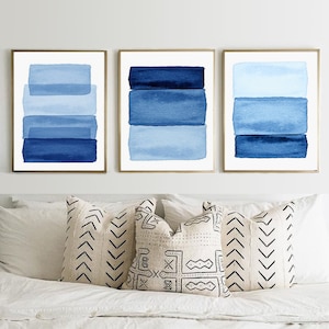 Blue Wall Art Abstract Watercolor Prints Set of 3 Prints Minimalist Wall Art Modern Art Blue and White Decor Minimal Watercolor Prints