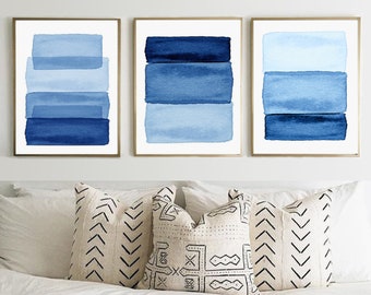 Blue Wall Art Abstract Watercolor Prints Set of 3 Prints Minimalist Wall Art Modern Art Blue and White Decor Minimal Watercolor Prints